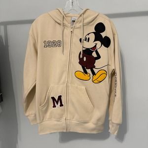 Disney Mickey Mouse Ivory Full Zip Hoodie Small Textured Mickey Pre-owned‎
